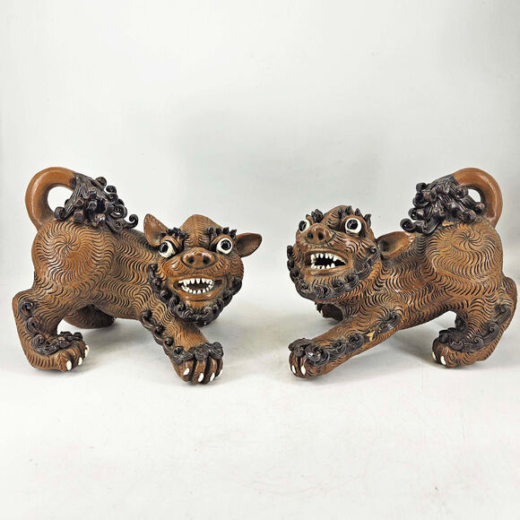 Pair of Vintage pottery Chinese Foo Dogs Fu Lions Asian Feng Shui